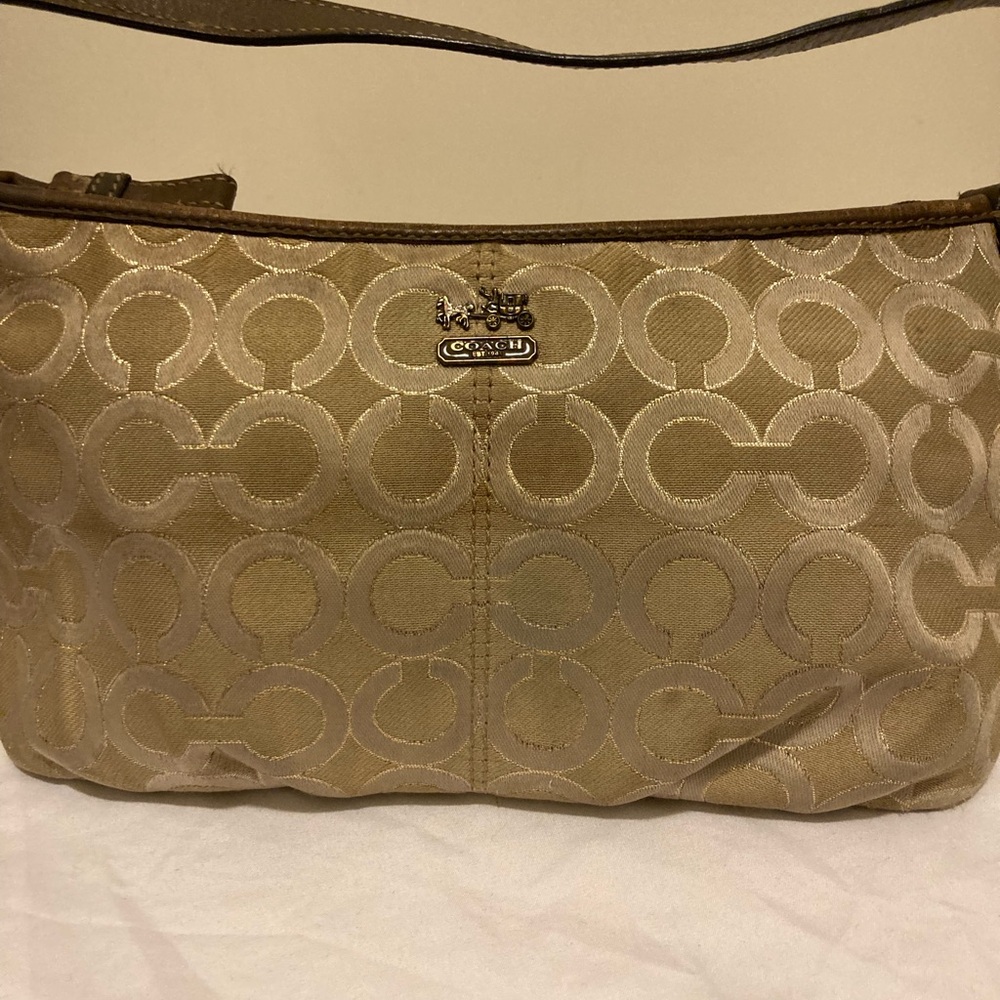 Coach Beige Signature Jacquard Shoulder Bag with Logo Hardware